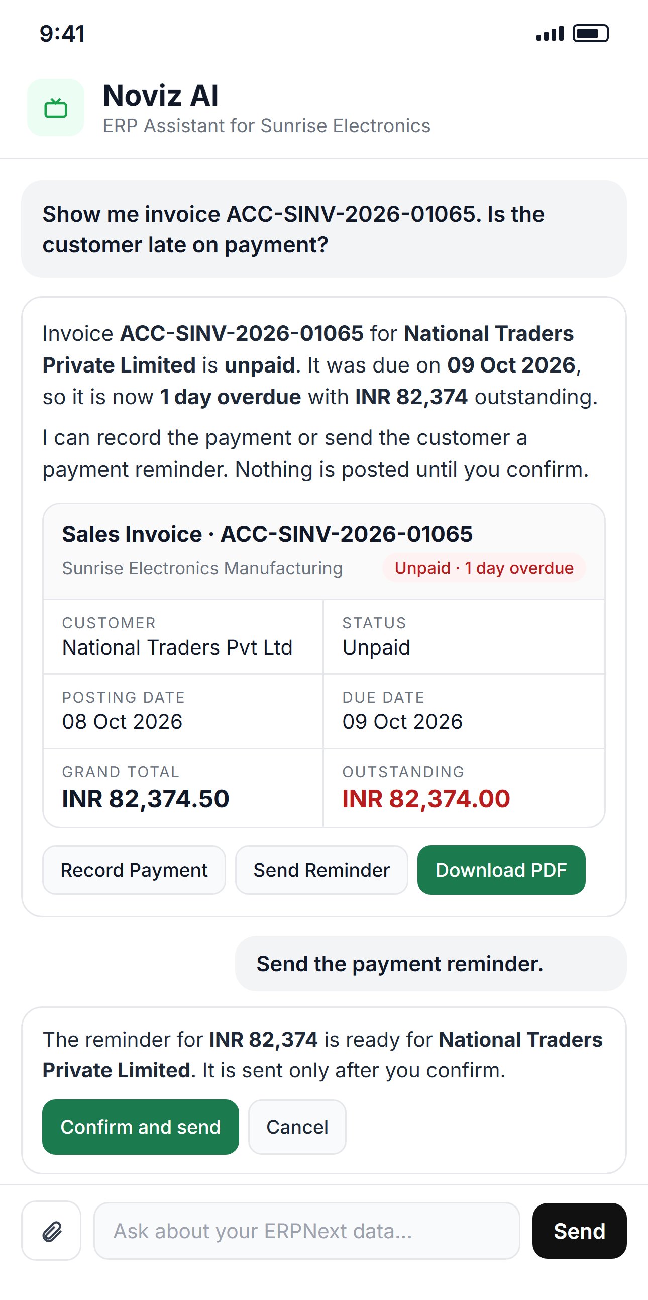 Noviz AI on mobile: an overdue ERPNext invoice, with the payment reminder sent only after the user confirms