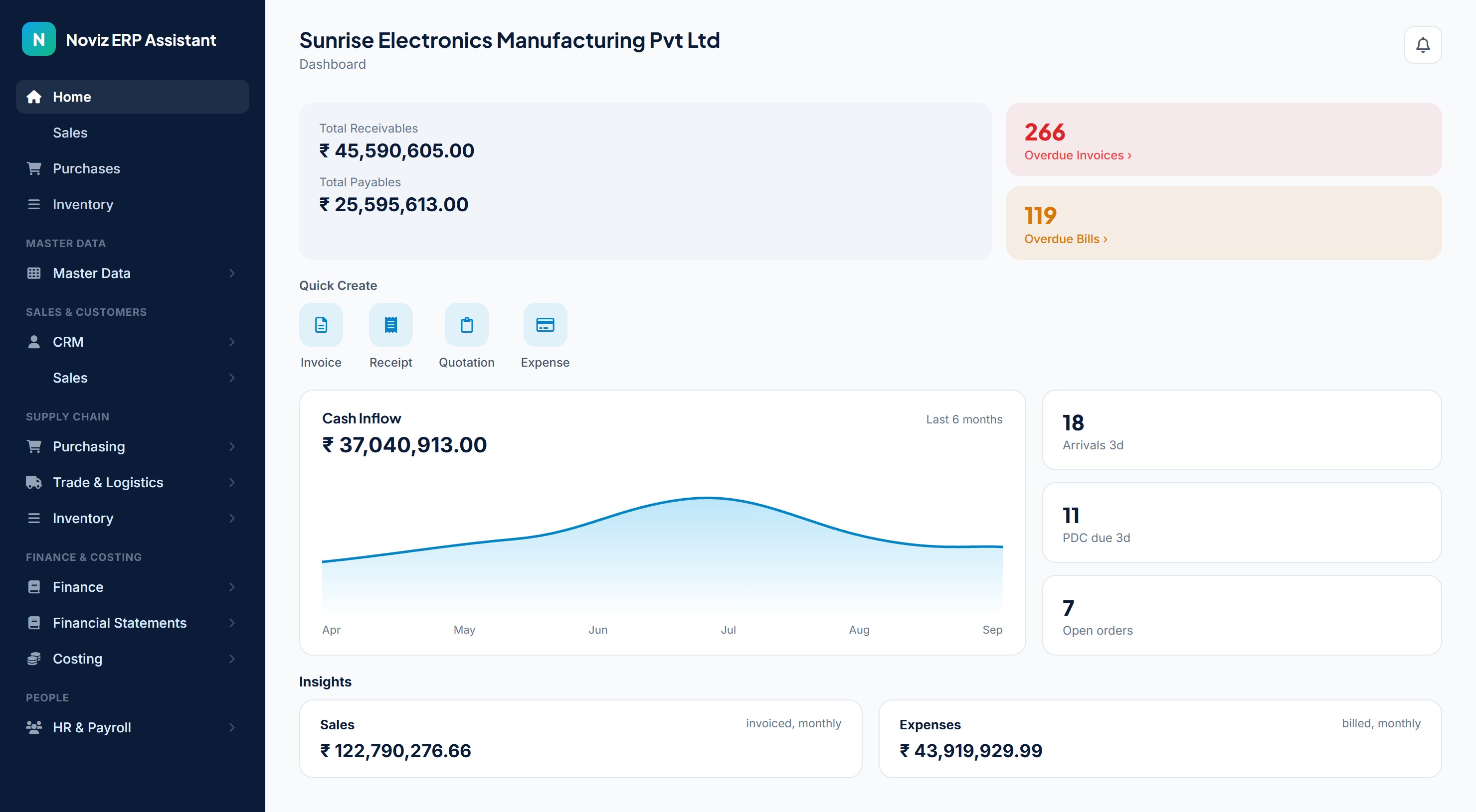 Noviz ERP Basic showing live sales, purchasing and stock records