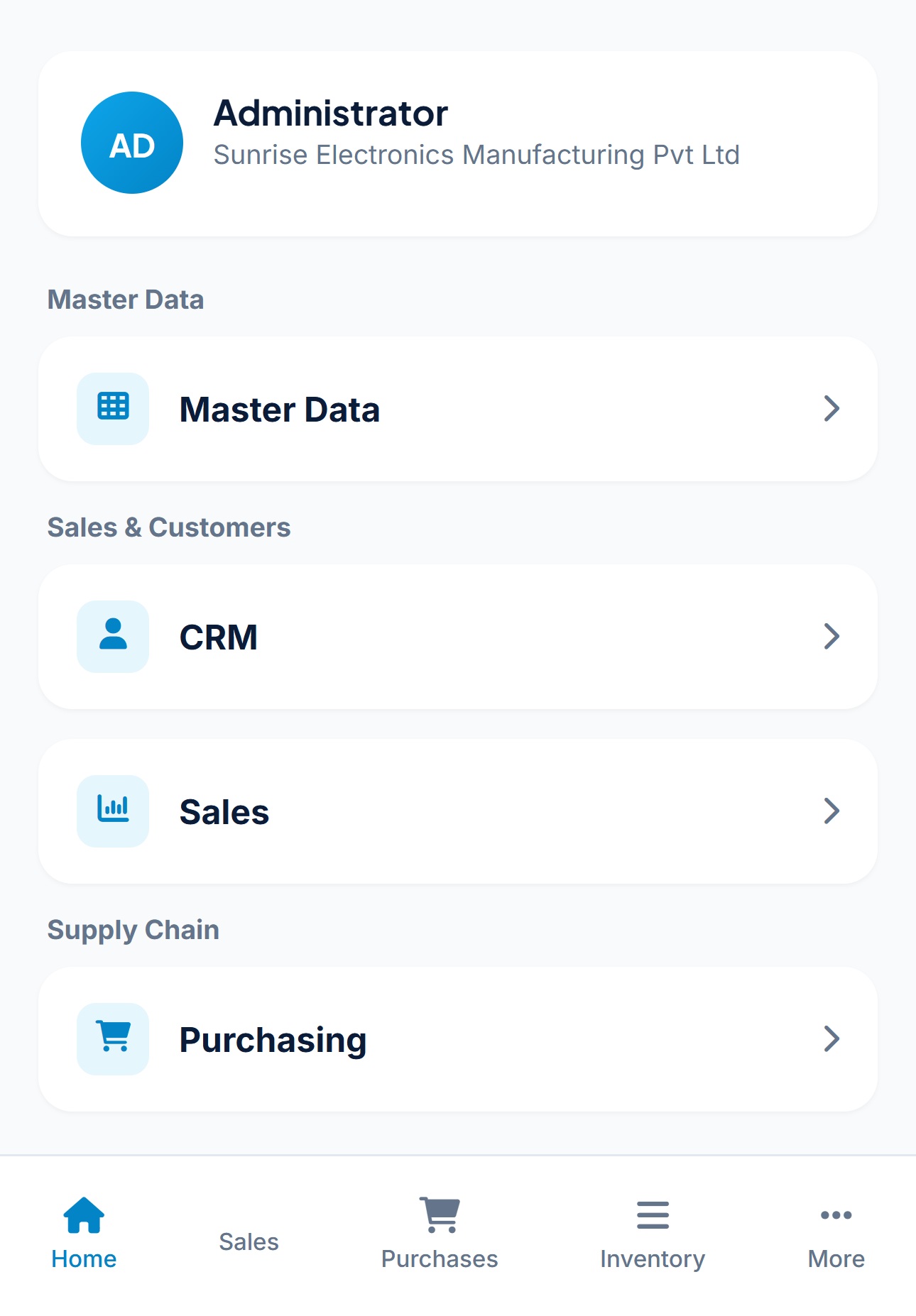 Noviz ERP mobile menu across every module