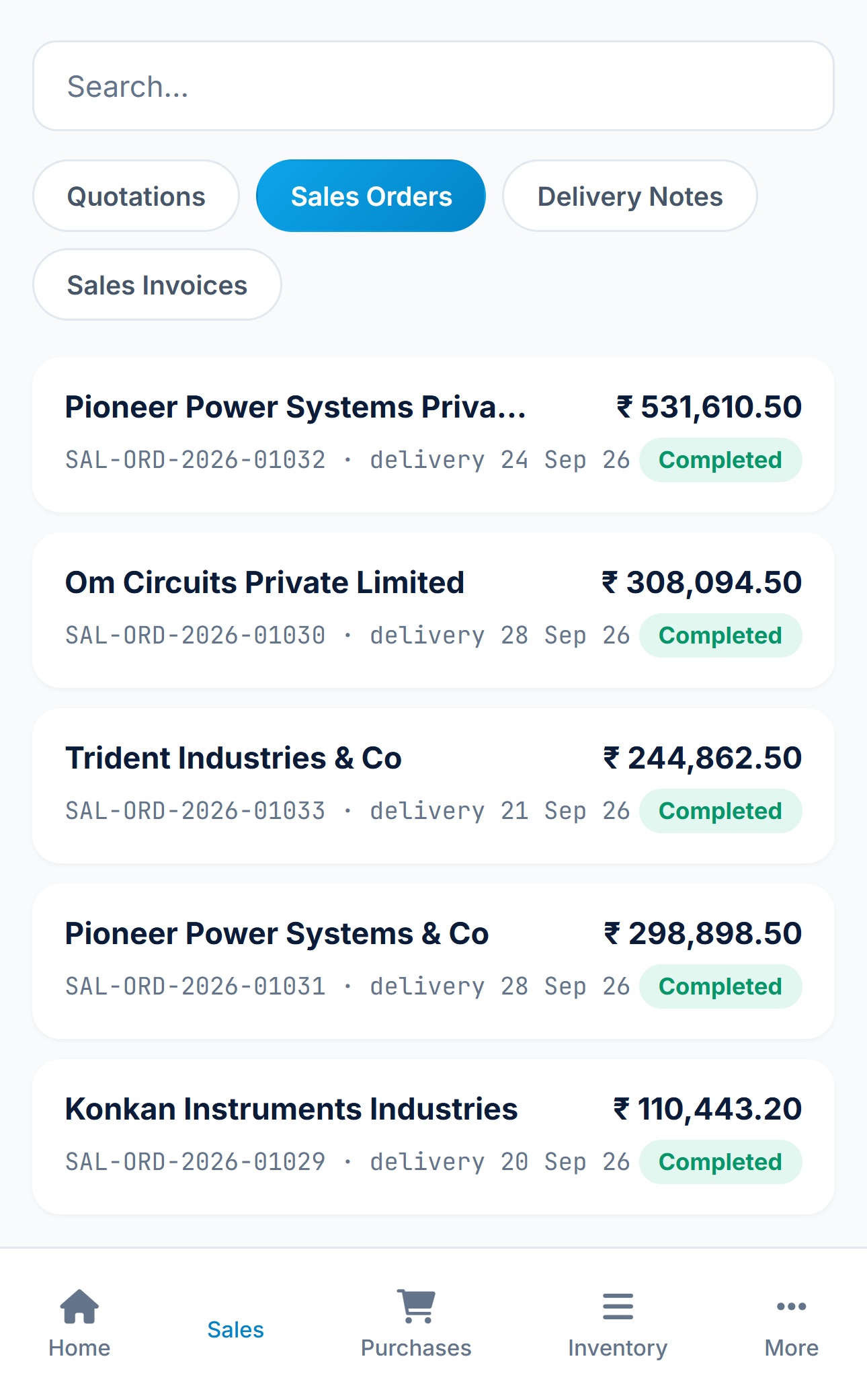 Noviz ERP on mobile, showing live Sales Orders